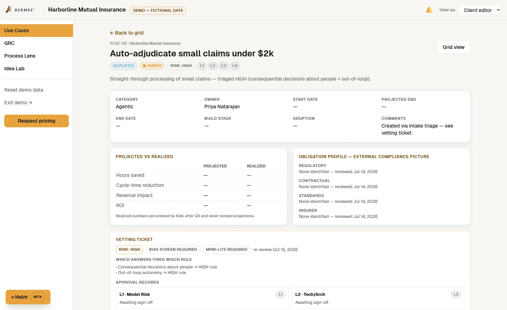 Bermee use-case detail with vetting ticket and approval lanes