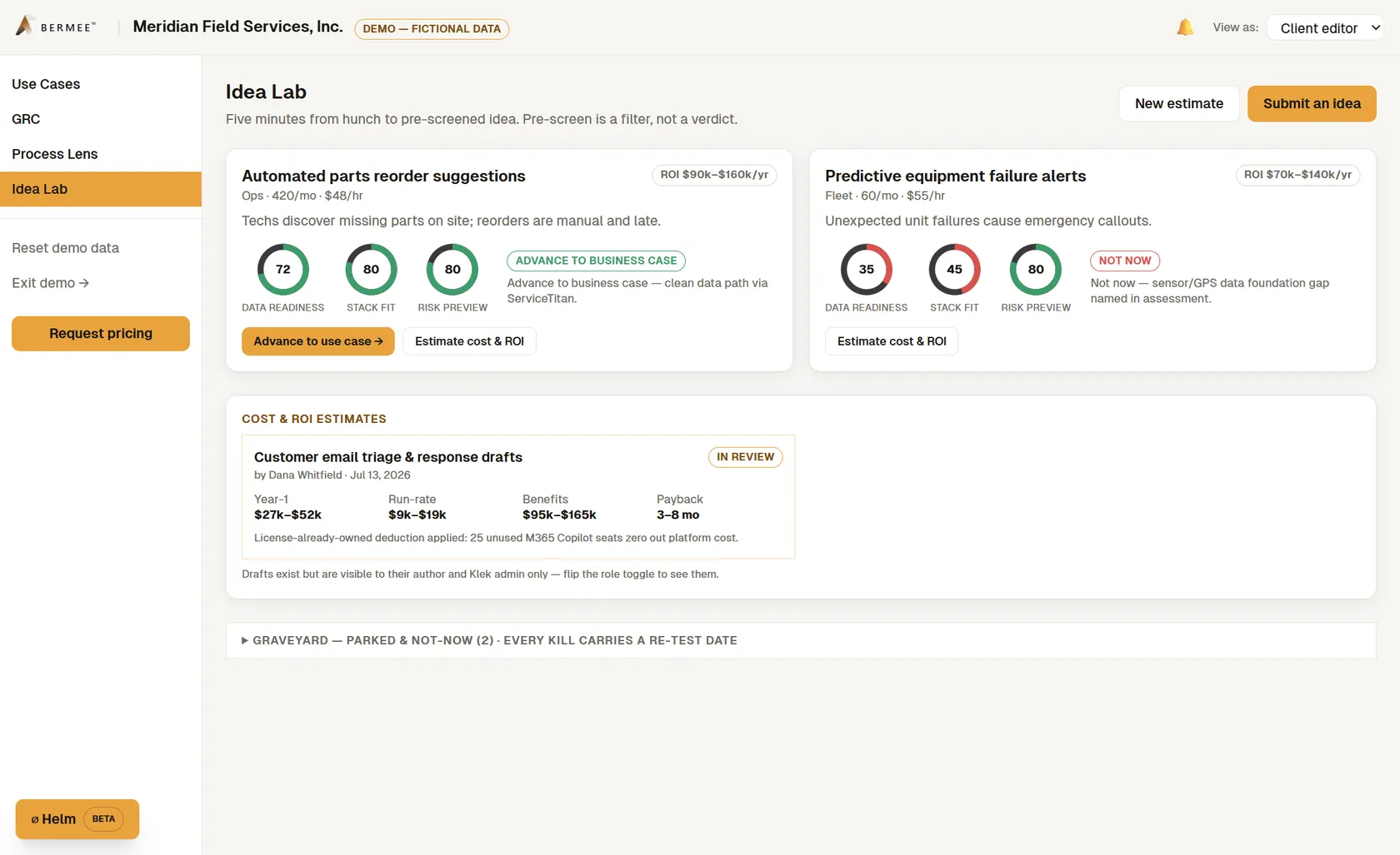 Bermee idea lab with pre-screen dials and cost estimates