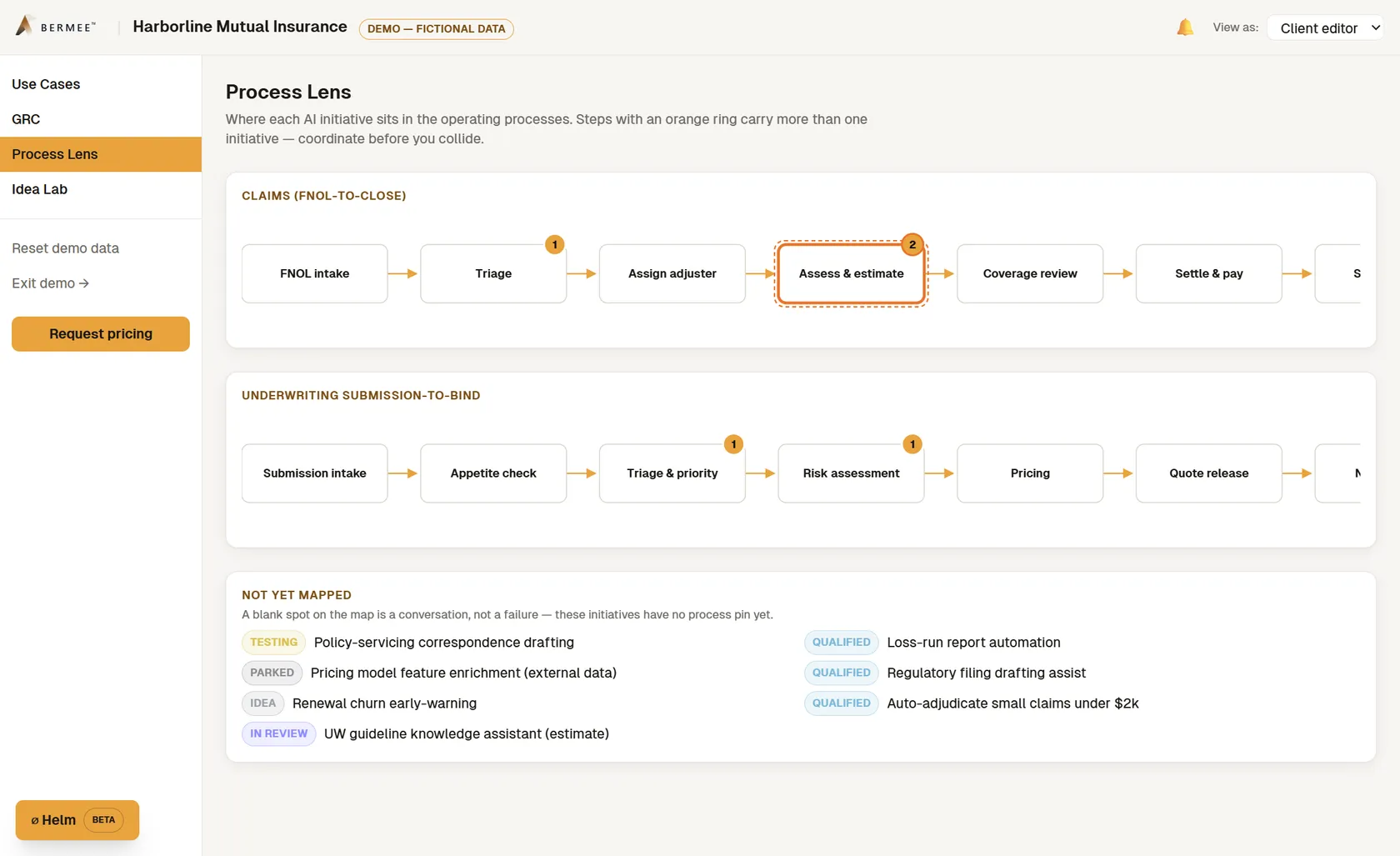 Bermee process lens with pinned initiatives on a process map